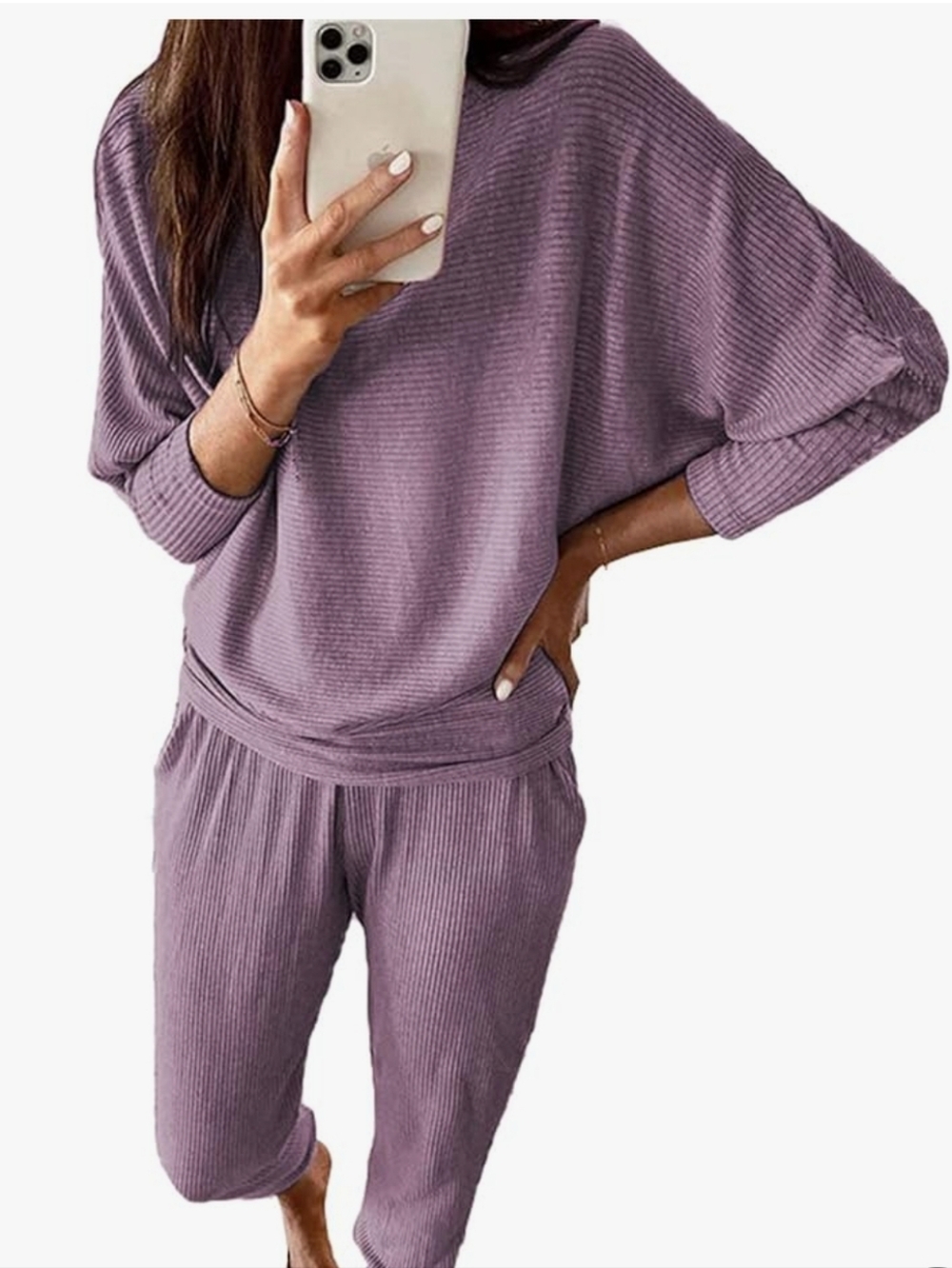 Pretty Garden Ribbed Two-Piece Loungewear Set in Lavender